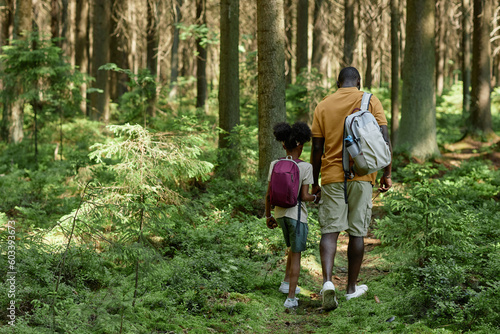 Rear view of dad with child with backpacks walking along the forest during their hiking