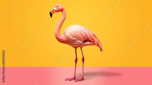 Pink flamingo in yellow establishment. AI Generated © Denys