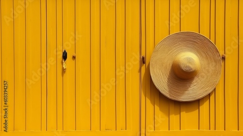 Pared amarilla antigua con puerta de madera y sombrero vietnamita. AI Generated photo