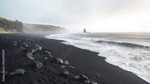 See of dim sand shoreline Atlantic sea waves in Iceland. AI Generated