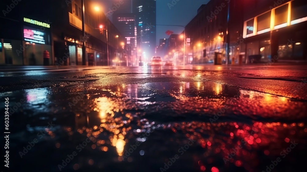 Clammy black-top, reflection of neon lights, a searchlight, smoke. Theoretical light in a somber cleanse street with smoke, debilitate cloud. AI Generated Clammy black-top, reflection of neon lights, a searchlight, smoke. Theoretical light in a somber cleanse street with smoke, debilitate cloud. AI Generated