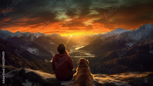 woman and canine watching disorienting scene of celebrated lights at sunset in tall mountains. AI Generated © Denys
