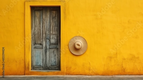 Pared amarilla antigua con puerta de madera y sombrero vietnamita. AI Generated photo