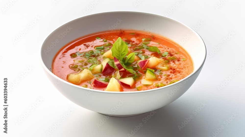 Summer Spanish soup gazpacho with rocket serving of mixed greens kept on white foundation. Veggie preeminent other cold tomato soup in white plate. Meatless nourishment in menu. AI Generated Summer Spanish soup gazpacho with rocket serving of mixed greens kept on white foundation. Veggie preeminent other cold tomato soup in white plate. Meatless nourishment in menu. AI Generated