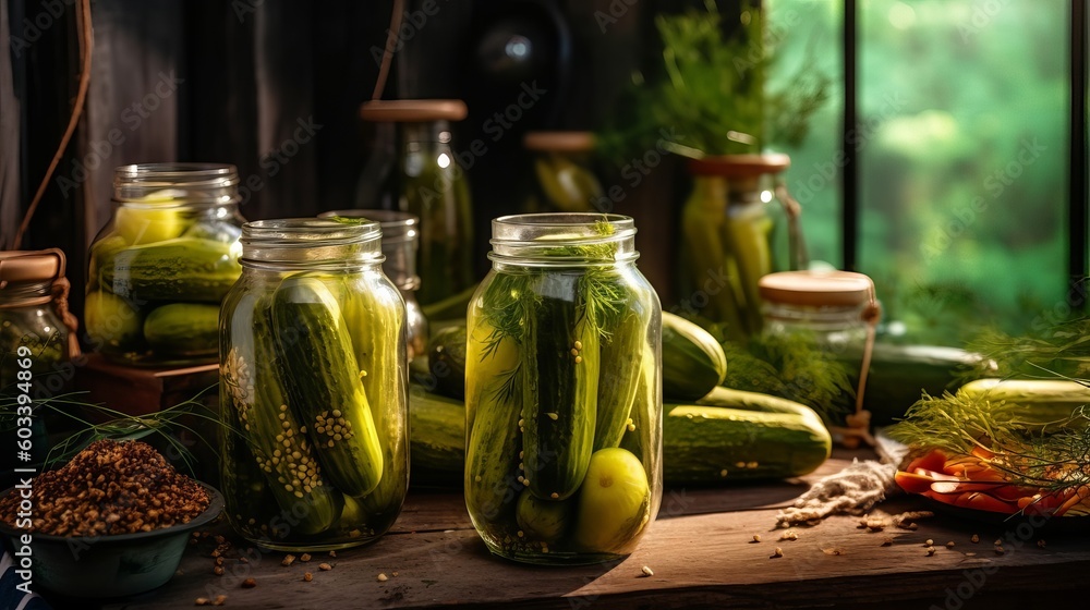 Pickling holders with unused cucumbers on wooden table, level lay. AI Generated Pickling holders with unused cucumbers on wooden table, level lay. AI Generated