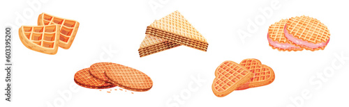 Waffle as Sweet Dish from Leavened Batter or Dough Vector Set