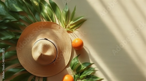 Summer level lay with straw cap, glass of water and orange characteristic thing in eco shopping loot. AI Generated photo