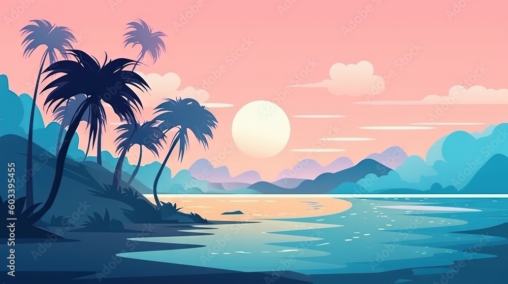  a tropical sunset with palm trees on the shore of a beach.  generative ai