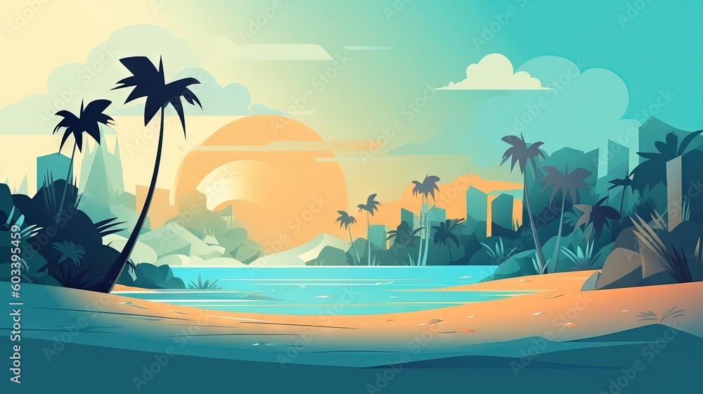  a painting of a tropical beach with palm trees and a sunset.  generative ai