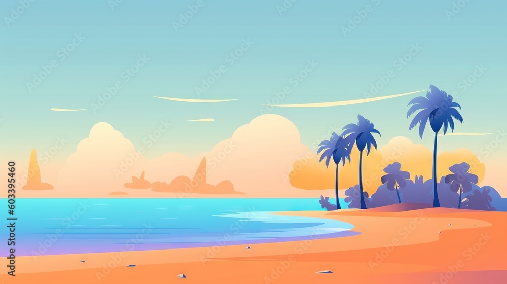  a beach scene with palm trees and a body of water.  generative ai