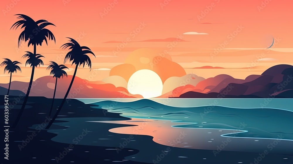  a painting of a sunset over a beach with palm trees.  generative ai
