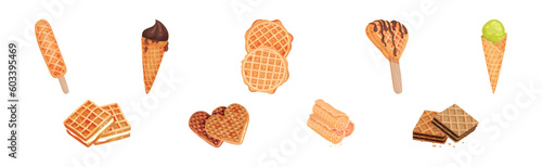 Waffle as Sweet Dish from Leavened Batter or Dough Vector Set