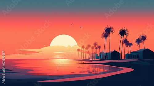  a painting of a sunset with palm trees on the beach. generative ai
