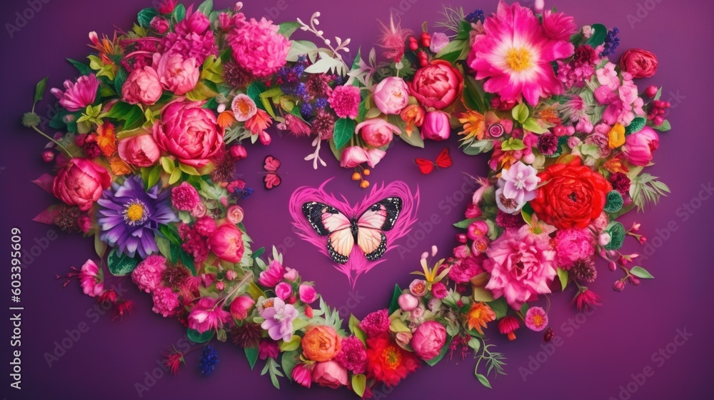  a heart made out of flowers and butterflies on a purple background.  generative ai