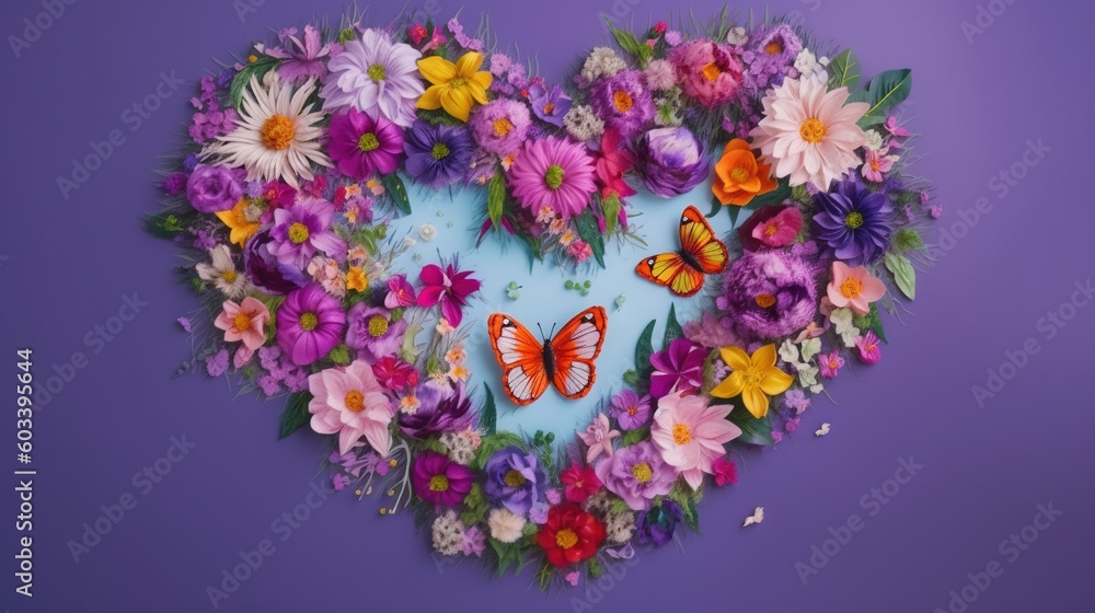  a heart made of flowers and butterflies on a purple background.  generative ai