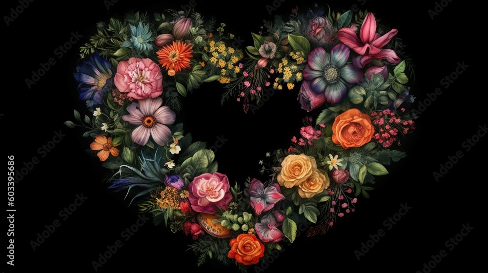a heart made out of flowers and leaves on a black background. generative ai a heart made out of flowers and leaves on a black background. generative ai