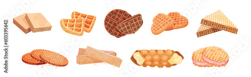 Waffle as Sweet Dish from Leavened Batter or Dough Vector Set