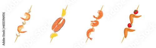 Shashlik with Wooden Skewers or Sticks with Barbecue Food Vector Set