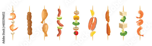 Shashlik with Wooden Skewers or Sticks with Barbecue Food Vector Set
