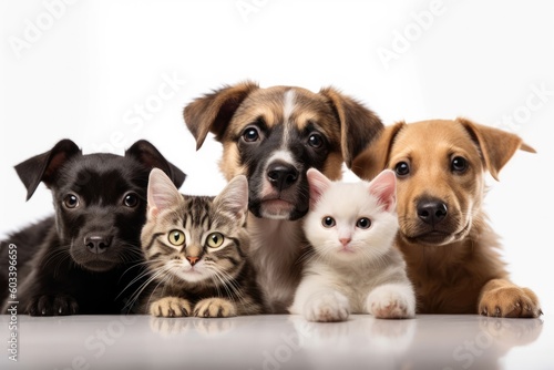 Portrait of dogs and cats looking at the camera in front of a white background, Generative AI