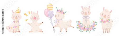 Cute Llama or Alpaca Fluffy Character with Pretty Snout Vector Set