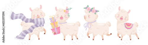Cute Llama or Alpaca Fluffy Character with Pretty Snout Vector Set