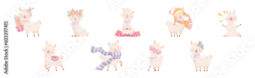 Cute Llama or Alpaca Fluffy Character with Pretty Snout Vector Set