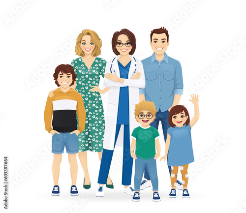 Female family doctor mother and father with daughter and sons standing together vector illustration