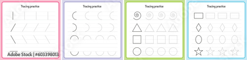 Basic Tracing for kids. Preschool tracing worksheet for handwriting motor skills. Dashed shapes to trace. Hand-eye Coordination motor skills for children.