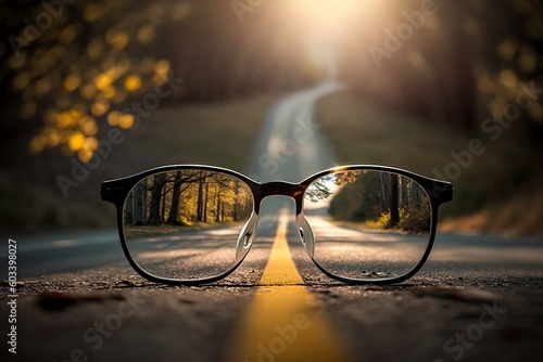 glasses on the road, vision problem, difference in vision with and without glasses, Generative AI prescription glasses, vision correction