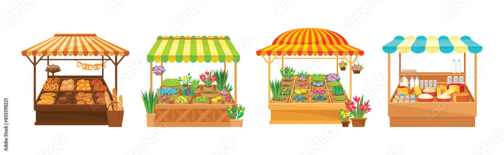 Obraz premium Street Market Stall and Stand with Awning and Various Products Vector Set