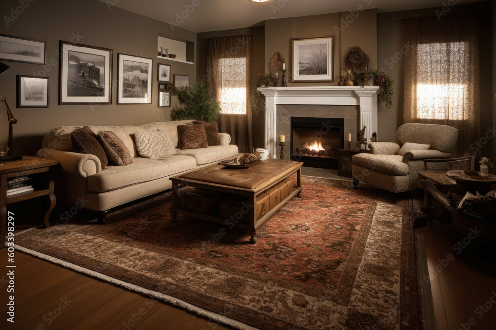 A cozy and inviting living room with a fireplace, plush sofas, and a soft area rug, creating a warm and welcoming ambiance. Generative AI A cozy and inviting living room with a fireplace, plush sofas, and a soft area rug, creating a warm and welcoming ambiance. Generative AI