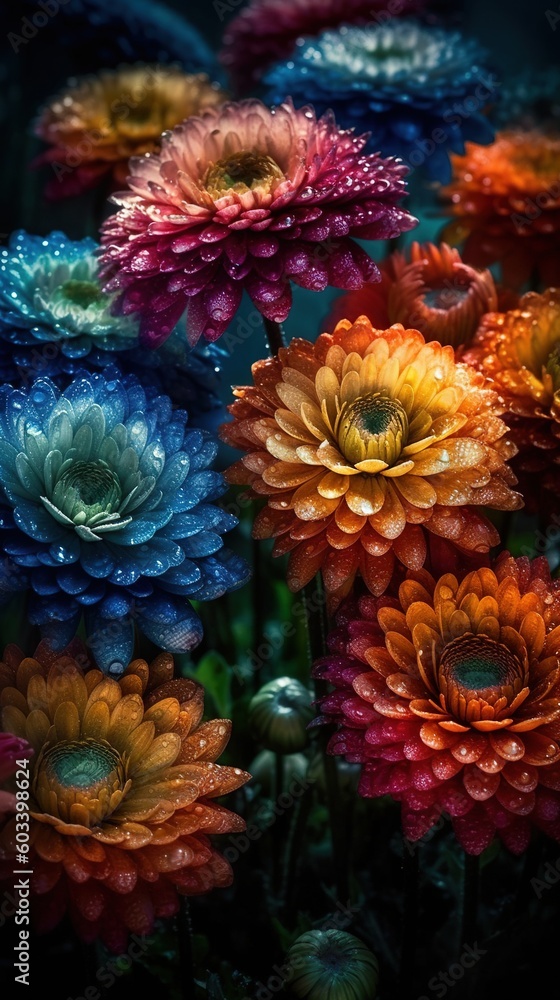 a bunch of colorful flowers with water droplets on them in a field. generative ai a bunch of colorful flowers with water droplets on them in a field. generative ai
