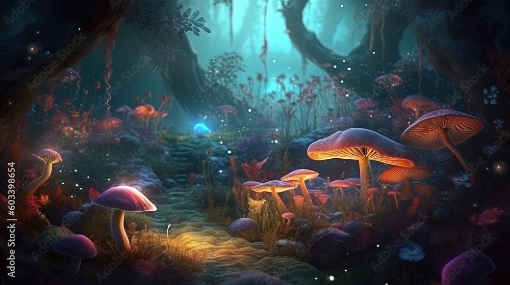  a painting of a forest with mushrooms and a light at the end of the tunnel.  generative ai
