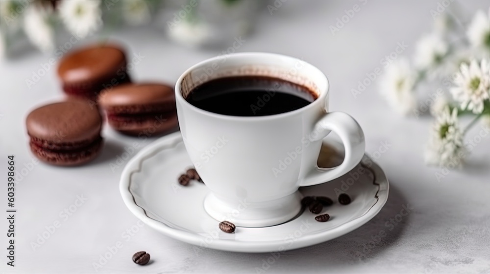 a cup of coffee and some cookies on a plate on a table. generative ai a cup of coffee and some cookies on a plate on a table. generative ai