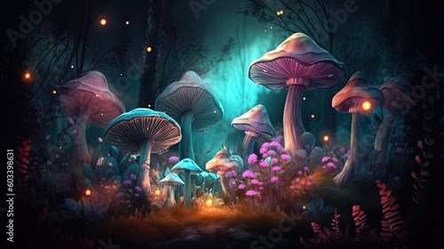  a group of mushrooms that are in the woods at night. generative ai