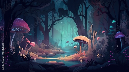  a painting of a forest with mushrooms and a stream running through it.  generative ai