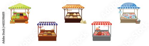 Street Market Stall and Stand with Awning and Various Products Vector Set