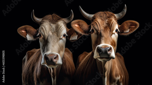 Group of Cows in stable at milk farm. Generative AI © PaulShlykov