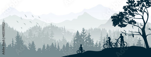 Active family cycling. Forest and mountains in background. Mother, father, child, gray silhouette horizontal illustration. Healthy lifestyle outdoor activities. Recreation. Banner. 