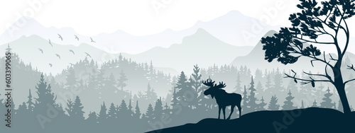 Silhouette of moose on hill. Tree in front, mountains and forest in background. Magical misty landscape. Illustration, horizontal banner.