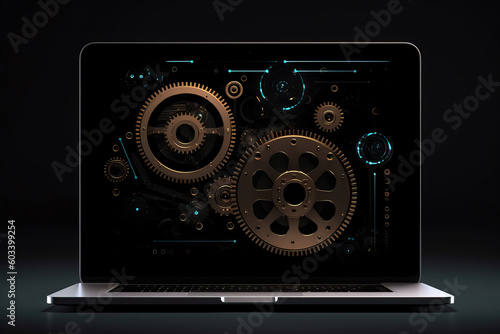 Generative AI illustration of opened blank laptop with intersecting colorful gears over screen and on dark background photo