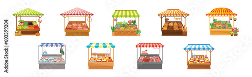 Street Market Stall and Stand with Awning and Various Products Vector Set