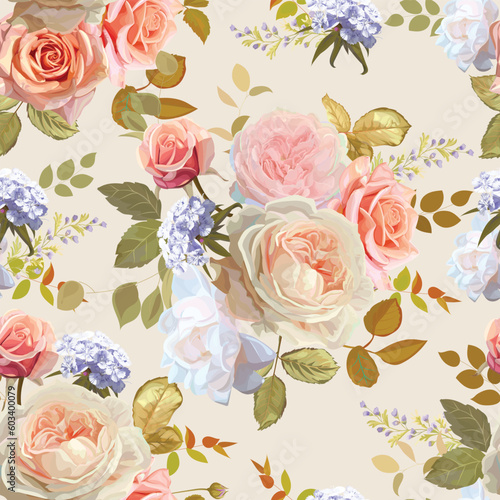 Floral seamless pattern with white and pink roses