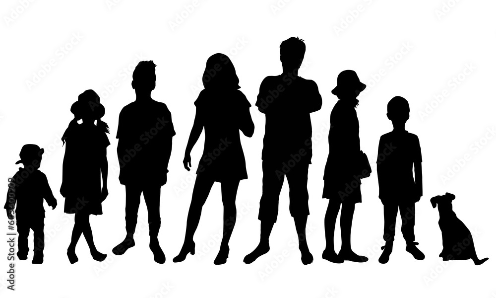 Big family silhouettes, happy father, mother, sons and daughters 