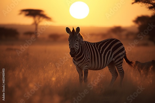 illustration  zebra at sunset in african national park  ai generative