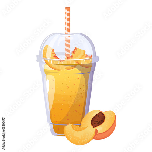 Peach smoothie. Summer refreshing drink with peach in plastic cup. Healthy food. Bar menu.