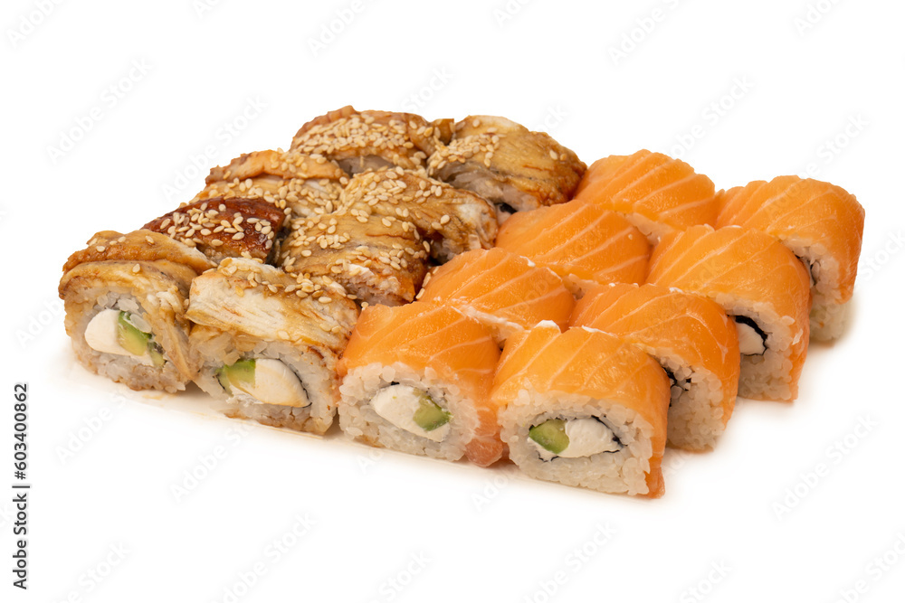 Sushi with cream cheese, eel and salmon isolated on white background. Sushi with cream cheese, eel and salmon isolated on white background.
