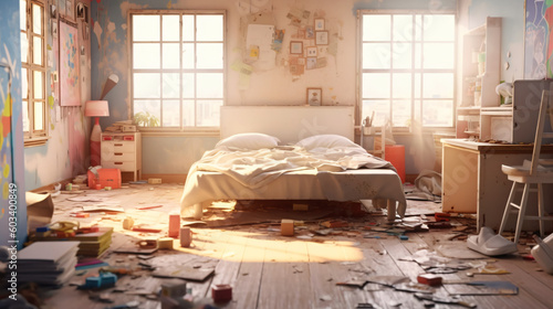 messy bedroom for teenager or children with a window generative ai