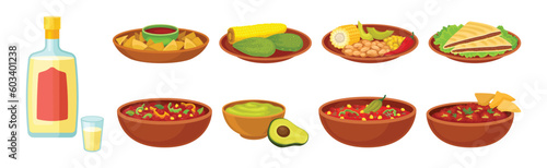 Traditional Mexican Dish and Food Served for Restaurant Menu Vector Set